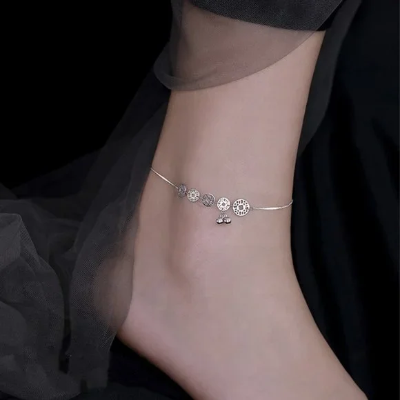 "925 Silver Plated Round Coin Dangle Tassel Anklet, - Picture 4 of 7